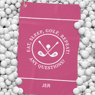 Modern Golfer Fun Sports Equipment Monogram Pink Golf Towel
