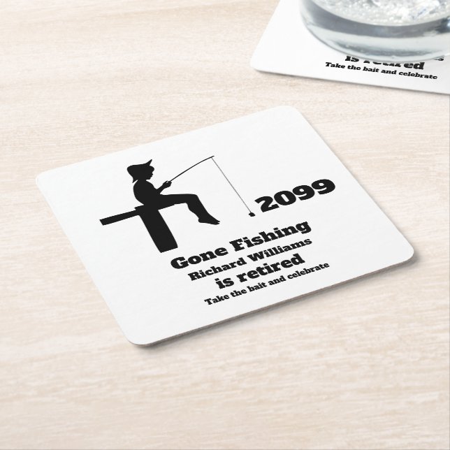 Modern Gone Fishing Retired Sitting Fisherman Square Paper Coaster (Angled)