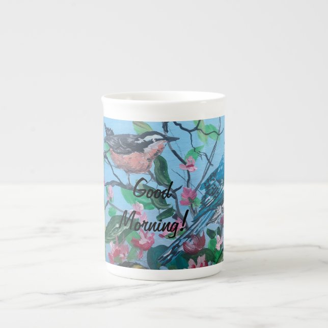 Modern 'Good Morning' Bird Art Bone China Mug (Front)