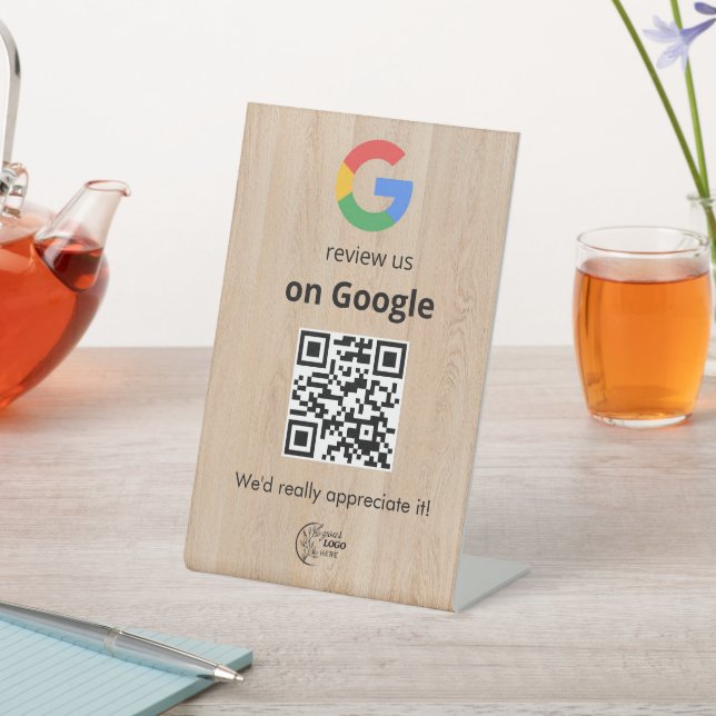 Modern Google reviews qr code tabletop sign (In SItu)