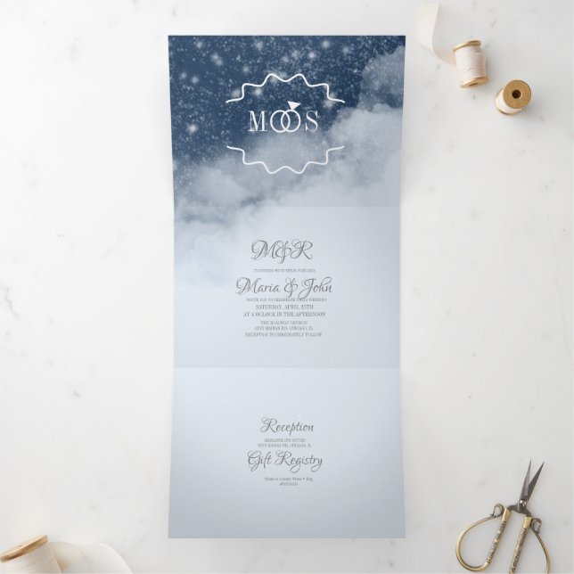 Modern Gorgeous Mountain Clouds Star Night Tri-Fold Invitation (Inside)