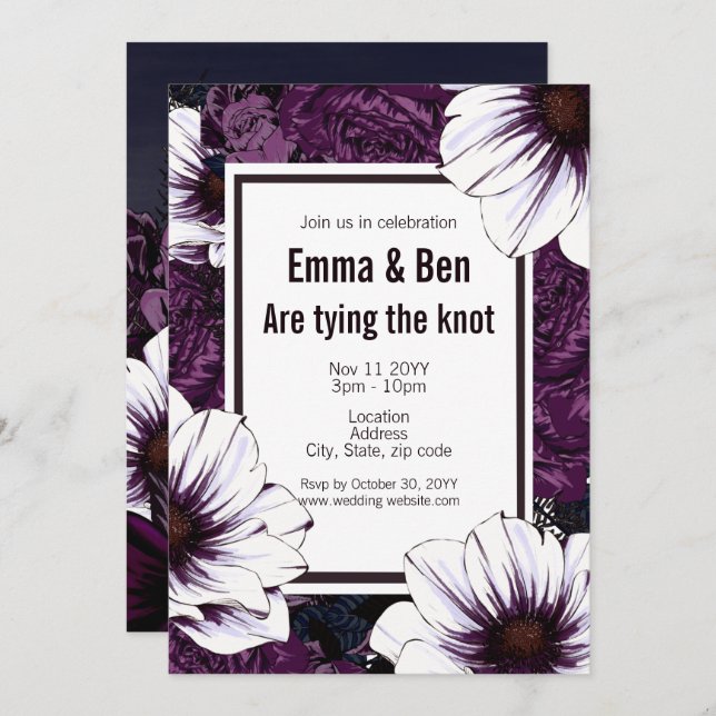 Modern Goth Floral Dark Plum Wedding Invitation (Front/Back)
