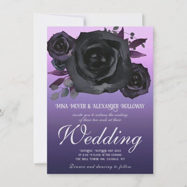 Modern Goth Purple Black Roses Wedding  Invitation (Front)