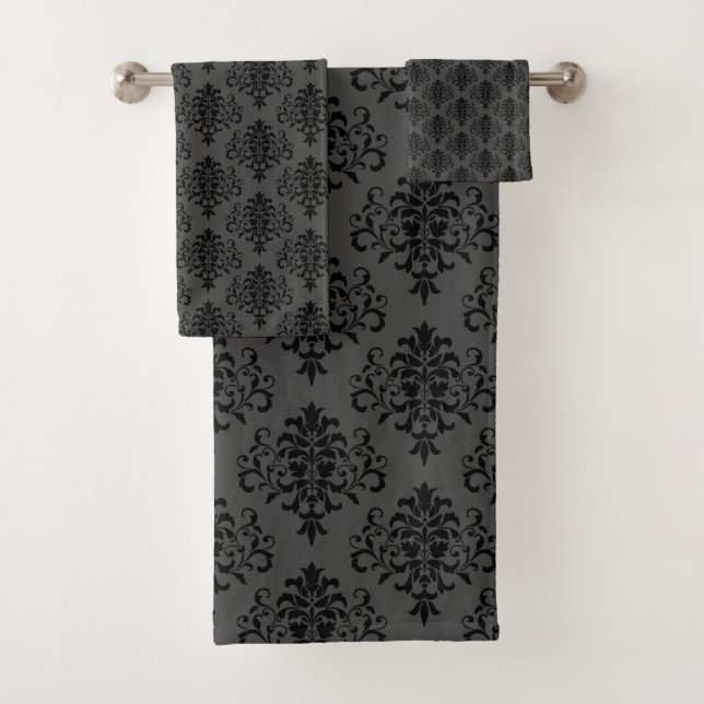 Modern Gothic Grey Black Damask Pattern Bath Towel Set (Insitu)