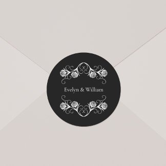 Modern Gothic Rose Swirls Black and White Wedding Classic Round Sticker