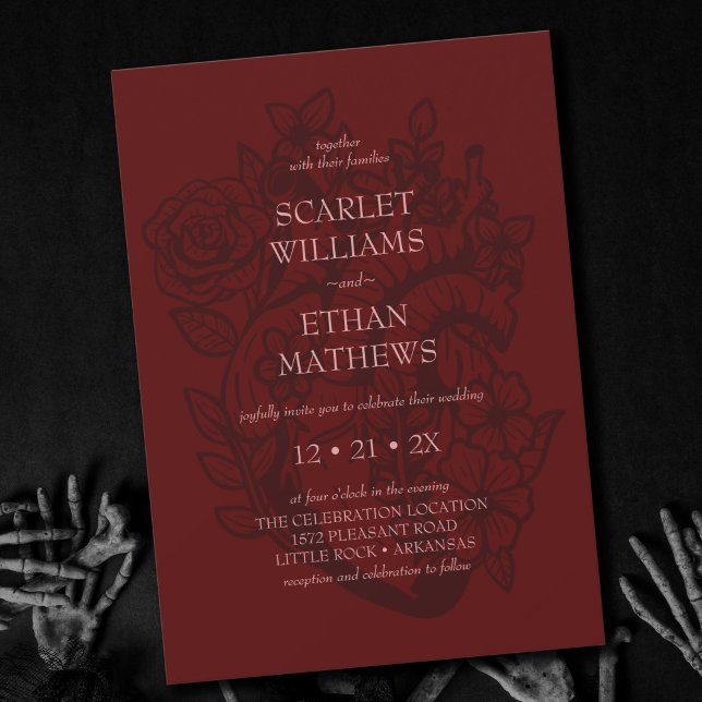Modern Gothic Wedding Blood Red Eerie Floral Heart Invitation (Creator Uploaded)