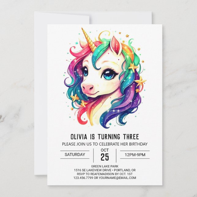 Modern Graceful Unicorn Birthday Invitation (Front)