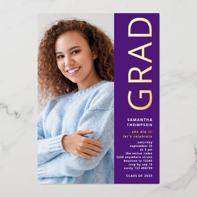 Modern Grad 2025 Photo Graduation Purple Gold Real (Front)