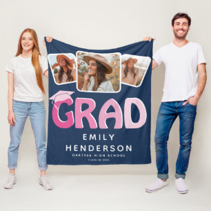 Modern GRAD 3 x Photo Collage Graduation Gift Fleece Blanket
