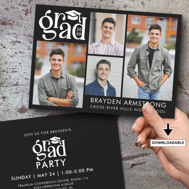 Modern GRAD 4 Photos Black White Invitation (Creator Uploaded)