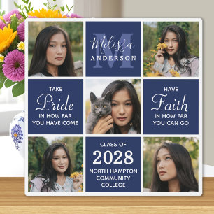 Modern Grad 5 Photo Collage Navy Blue Graduation  Plaque