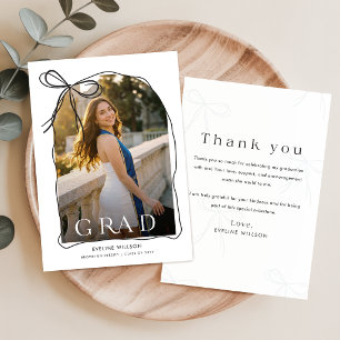 Modern Grad Arch Photo Black Bow Graduation Thank You Card