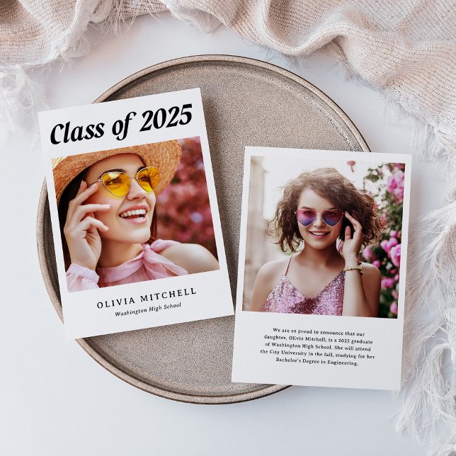 Modern Grad | Black and White Two Photo Graduation Announcement (Creator Uploaded)