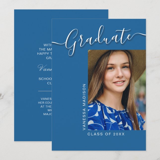 Modern Grad | Blue 1 Photo Elegant Script Announcement (Front/Back)