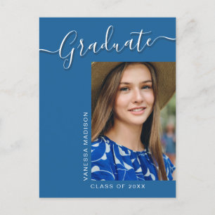 Modern Grad   Blue 1 Photo Elegant Script Postcard