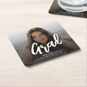 Modern Grad Brush Script Photo Graduation  Square Paper Coaster