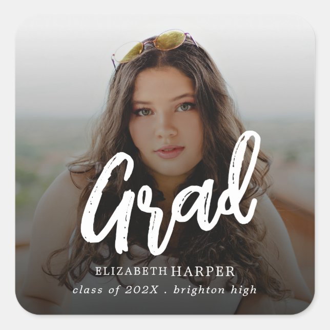 Modern Grad Brush Script Photo Graduation  Square Sticker (Front)
