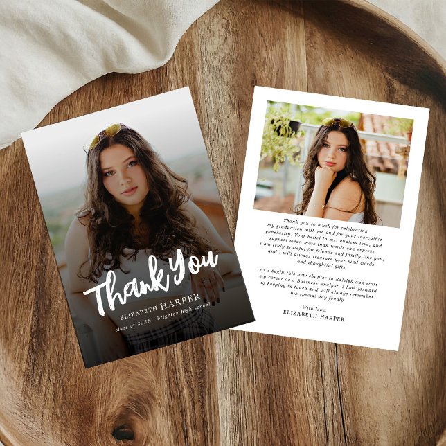 Modern Grad Brush Script Photo Graduation Thank You Card (Creator Uploaded)