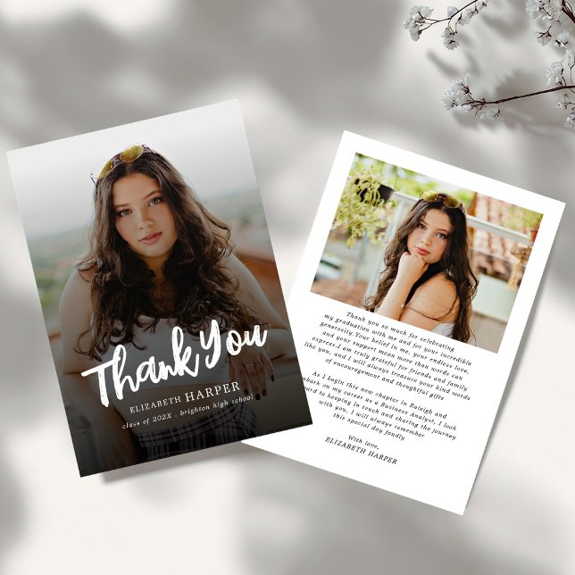 Modern Grad Brush Script Photo Graduation Thank You Card (Creator Uploaded)
