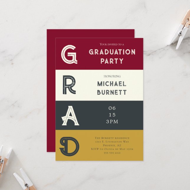 Modern Grad Burgundy Striped Graduation  Invitation (Front/Back In Situ)