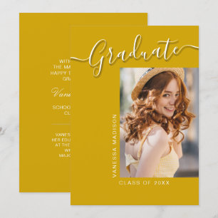 Modern Grad   Canary Yellow 1 Photo Elegant Script Announcement