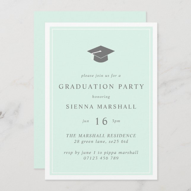 Modern Grad Cap and frame Mint Graduation Invitation (Front/Back)