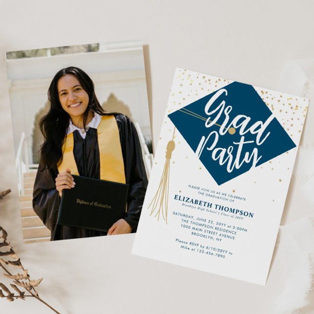 Modern GRAD Cap Blue Gold Photo Graduation Party Invitation (Creator Uploaded)