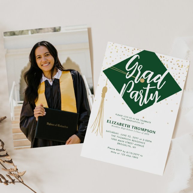Modern GRAD Cap Green Gold Photo Graduation Party Invitation (Creator Uploaded)