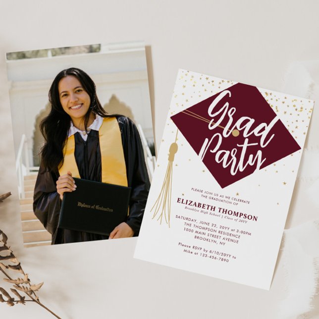 Modern GRAD Cap Red Gold Photo Graduation Party Invitation (Creator Uploaded)