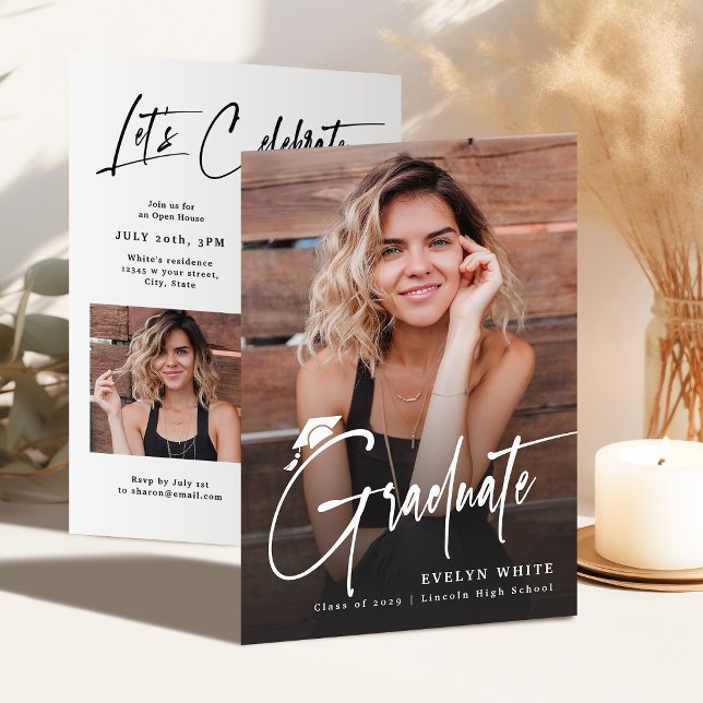 Modern Grad Cap Script 4 Photo Simple Graduation Invitation (Modern Grad Cap Script 4 Photo Simple Graduation Invitation)