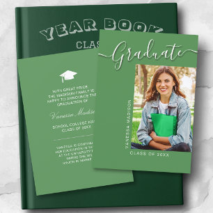 Modern Grad   Green 1 Photo Elegant Script Announcement