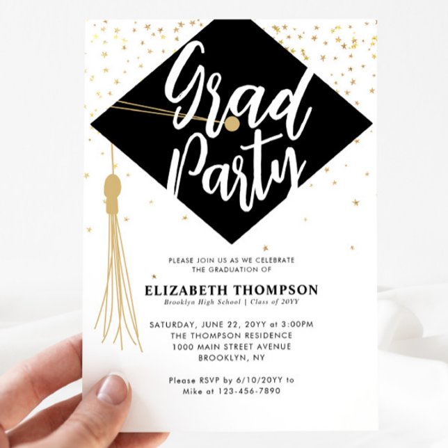 Modern GRAD Hat Cap Black Gold Graduation Party Invitation (Creator Uploaded)