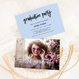 Modern Grad   Photo and Blue Handwritten Text Invitation