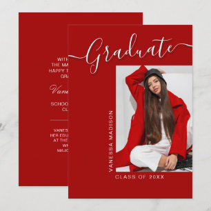 Modern Grad Red 1 Photo Elegant Script Announcement