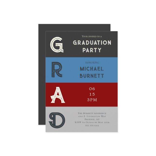 Modern Grad Red Grey Striped Graduation  Invitation (Front/Back In Situ)