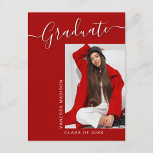 Modern Grad   Red Pink 1 Photo Elegant Script Postcard