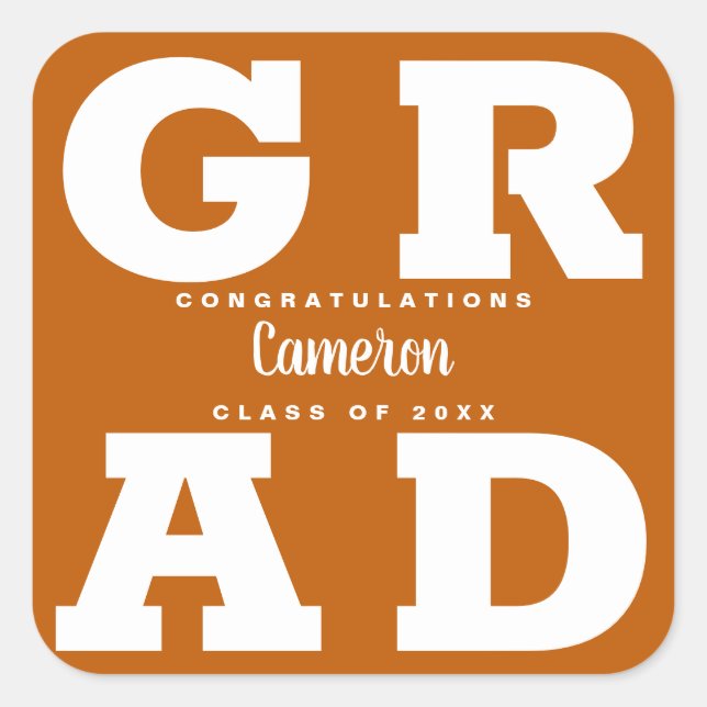 Modern Grad White on Burnt Orange Graduation Square Sticker (Front)