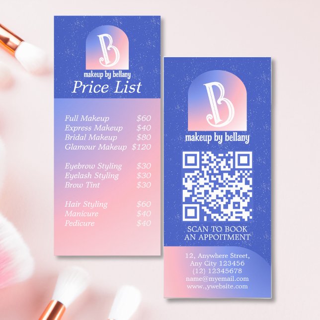 Modern Gradient Blue Pink Monogram Makeup Artist Rack Card (Creator Uploaded)