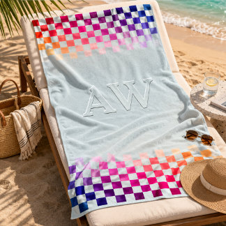 Modern Gradient Chequerboard Border Monogram Beach Towel