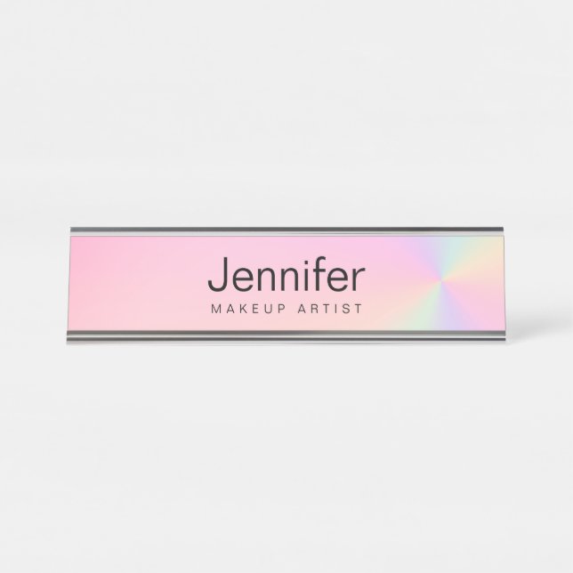 Modern gradient colorful holographic makeup artist desk name plate (Front)