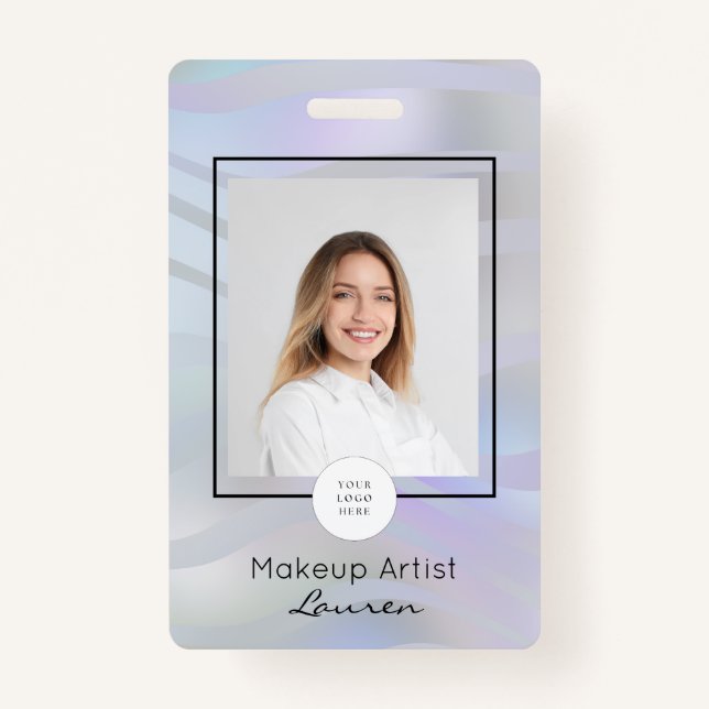 Modern Gradient Waves Black Script Photo Makeup  ID Badge (Front)