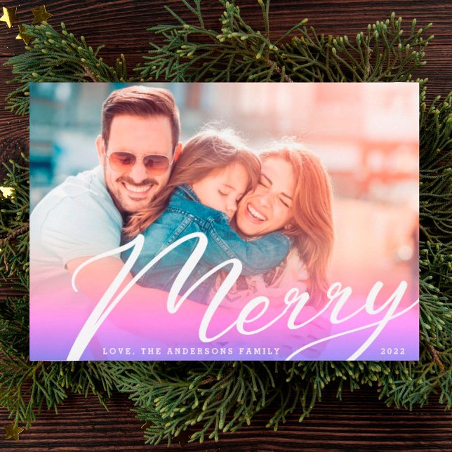 Modern Gradient White Merry Lettering Photo Holiday Card (Creator Uploaded)