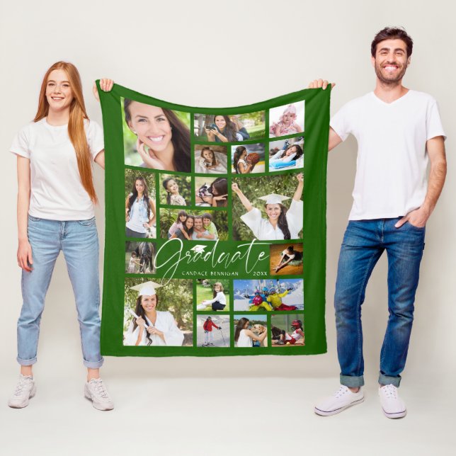 Modern GRADUATE 19 Photo Collage Script Green Fleece Blanket (In Situ)