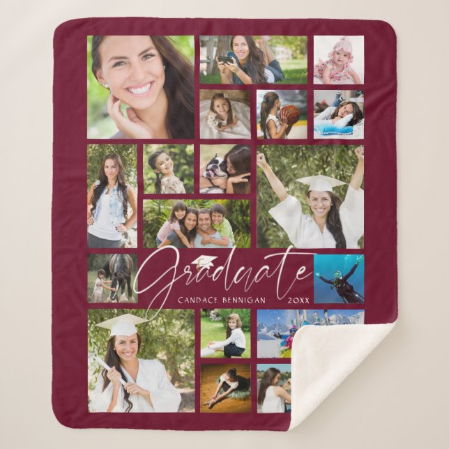 Modern GRADUATE 19 Photo Collage Script Maroon Sherpa Blanket (Front)