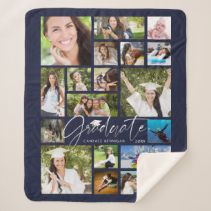Modern GRADUATE 19 Photo Collage Script Navy Blue Sherpa Blanket