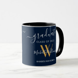 Modern Graduate 2023 Blue Gold Monogram Name Mug