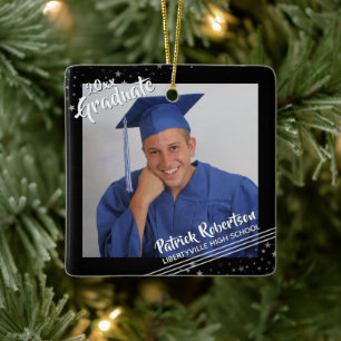 Modern Graduate 2 Photos Brush Script Black Stars  Ceramic Ornament