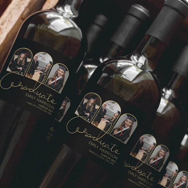 Modern Graduate | 3 Arched Photo Collage Wine Label (Creator Uploaded)