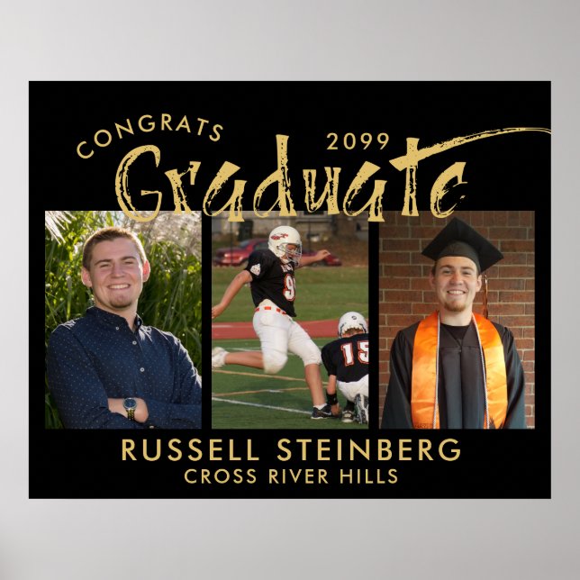 Modern Graduate 3 Photos Gold Brush Typography Poster (Front)
