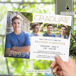 Modern Graduate 4 Photo Black Gold  Invitation